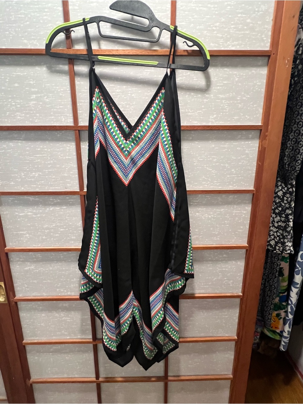 Black Asymmetrical Slip Dress with Multicolor Chevron Embroidery